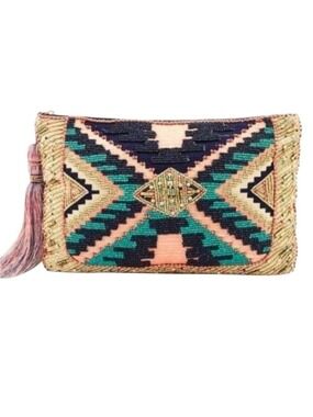 Chico’s Kayla Beaded Clutch Boho Tribal Aztec Tassel Zip Pouch Bag